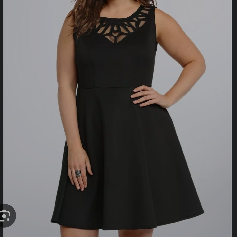 Torrid Mesh Cut Out Romantic Flirty Black Scuba Skater Sleeveless Dress 2X